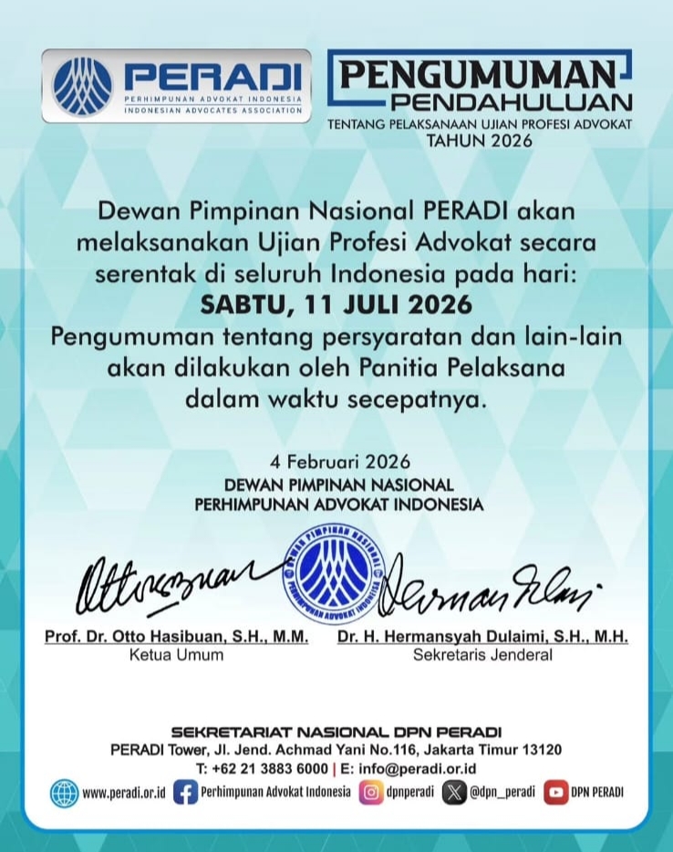 Pengumuman Pelaksanaan Ujian Profesi Advokat Tahun 2026